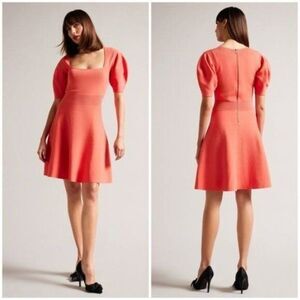 Coral Ted Baker Hayliy Puff Sleeve Skater Dress in Coral Size Ted 3 / US 8